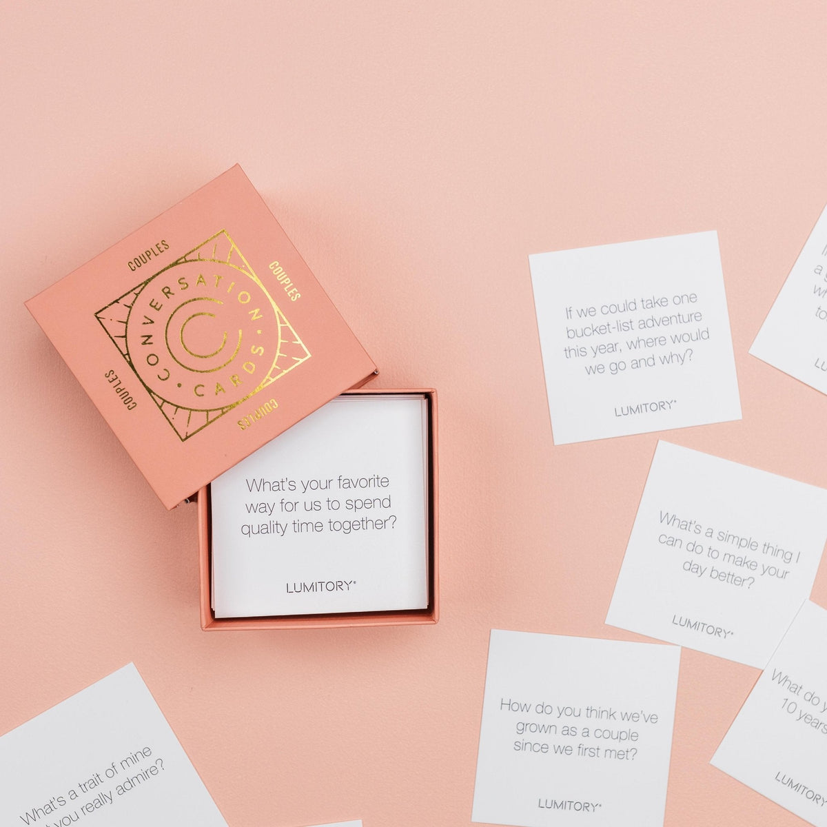 Boxed Couples Conversation Cards featuring a white box with colorful card designs visible through the packaging.