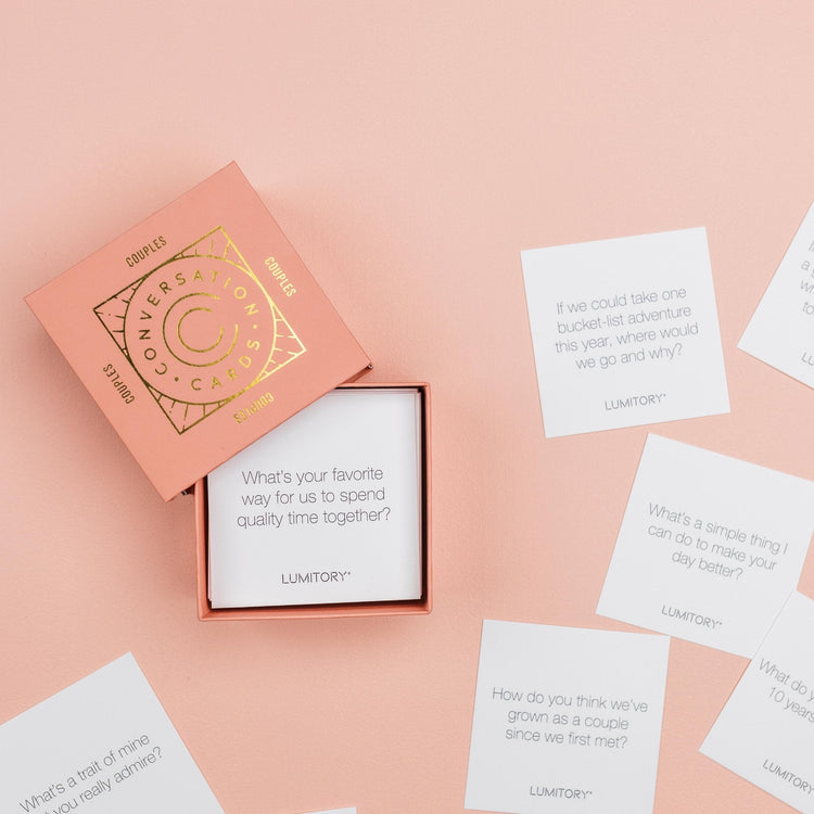 Boxed Couples Conversation Cards featuring a white box with colorful card designs visible through the packaging.