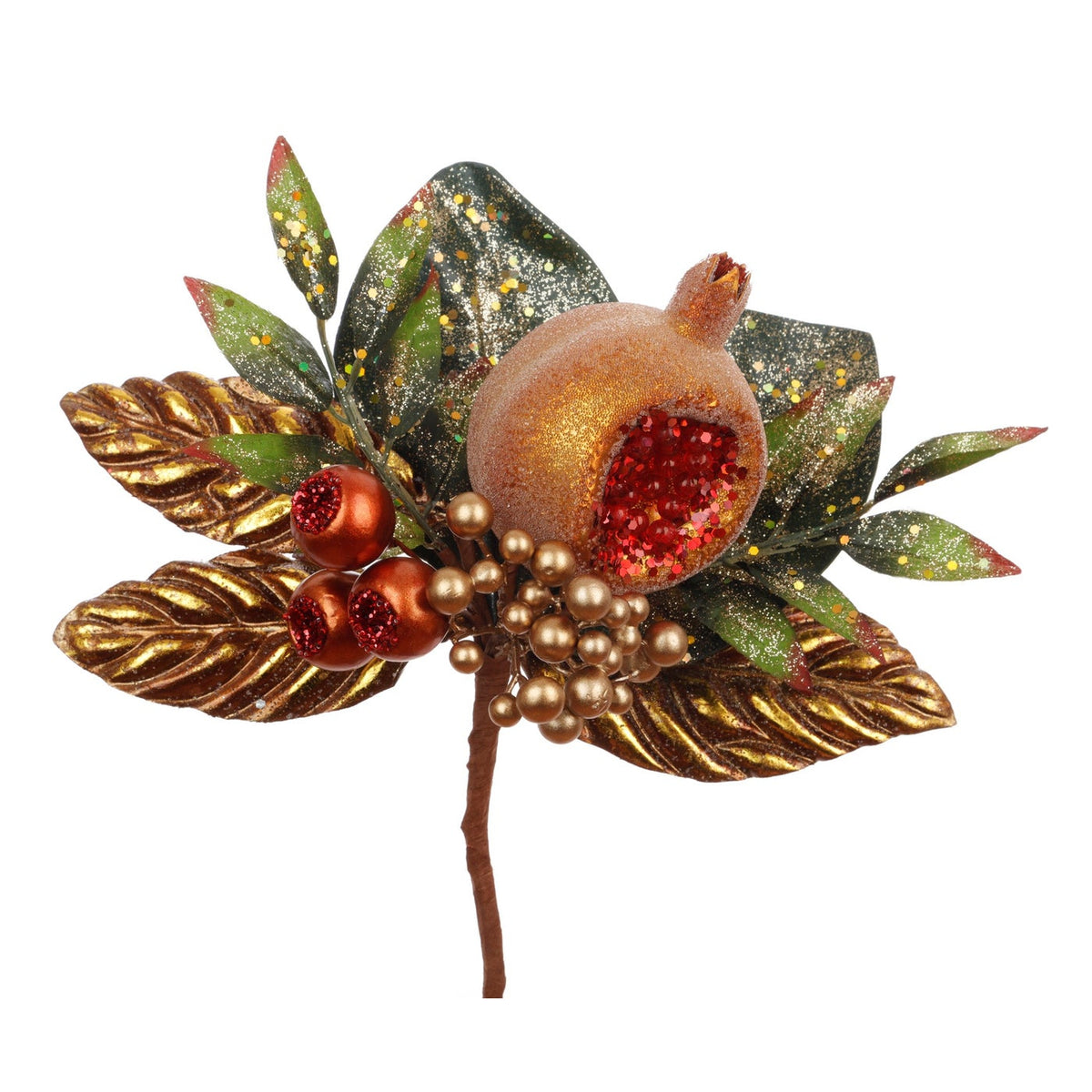 11-inch decorative pomegranate pick with gold leaves, red berries, and glitter accents.