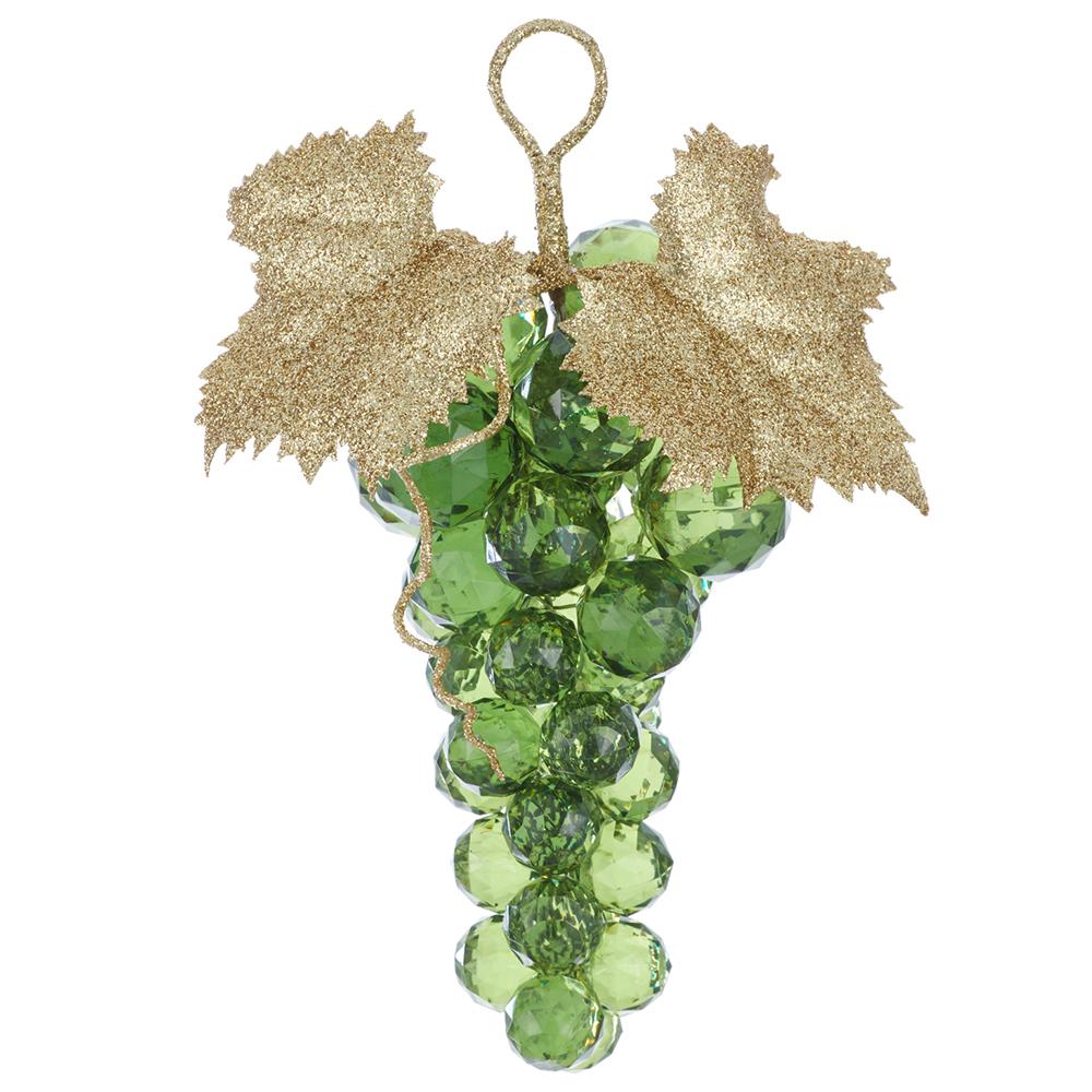 Green faceted crystal-style grape cluster ornament with glittery gold leaves and hanging loop.