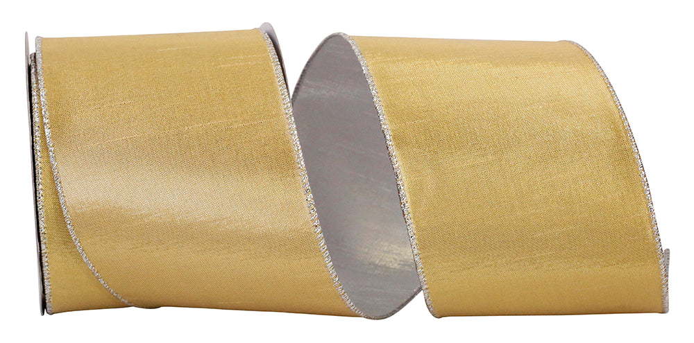 Two-sided metallic ribbon in gold on one side and silver on the other.