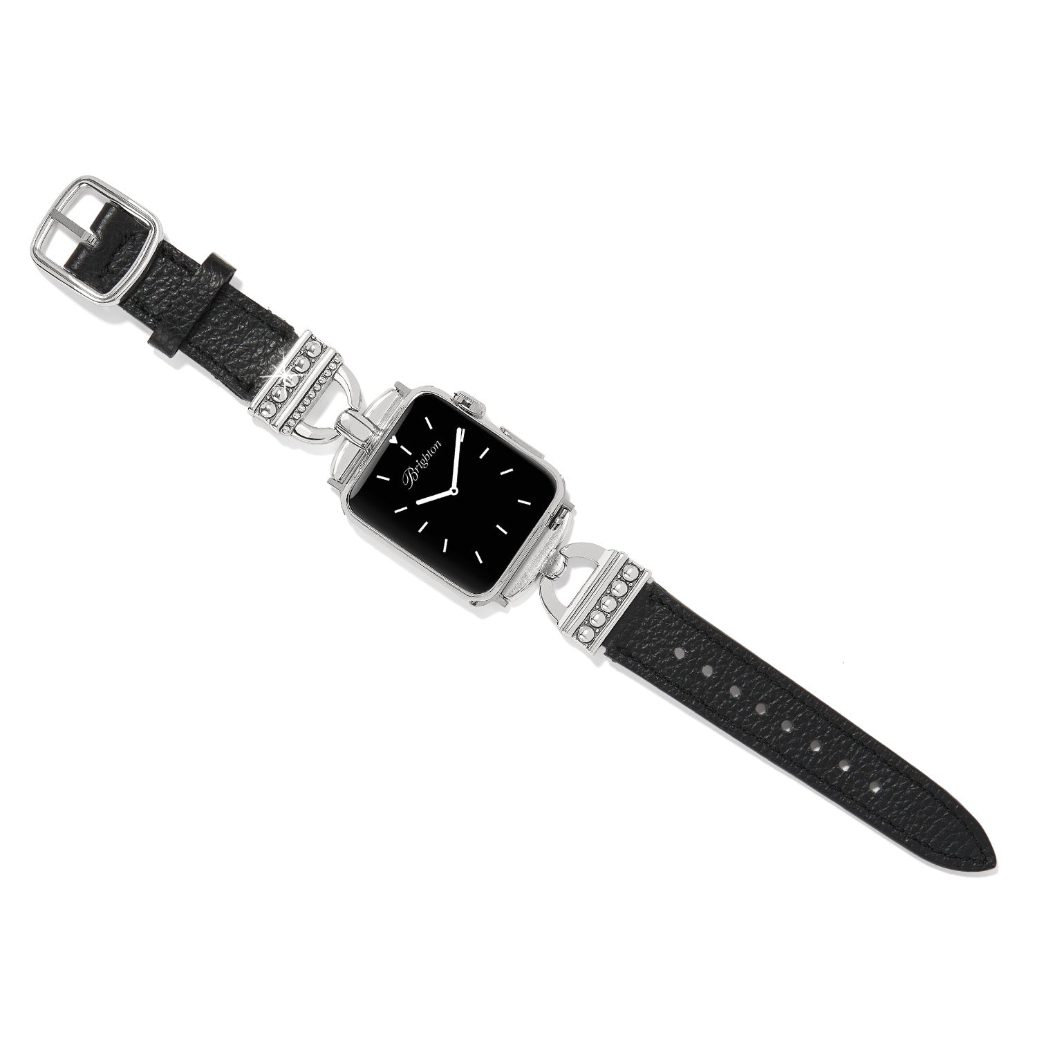 Reversible leather watch band in black with silver buckle closure
