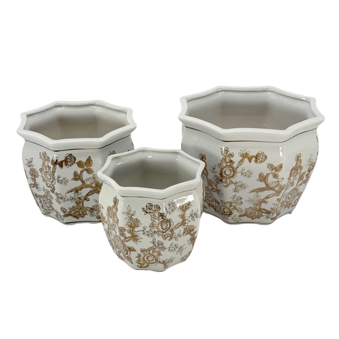 Three octagonal ceramic planters with brown floral chinoiserie patterns on a white background.