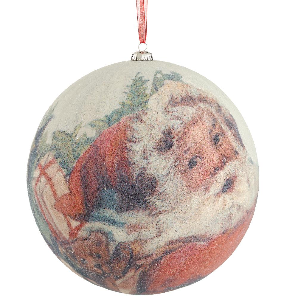 8-inch beaded ball ornament featuring a vintage-style Santa Claus illustration with a red ribbon.