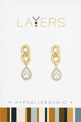 Gold Linked Teardrop Dangle Layers Earrings with clear crystal drops on a white display card.