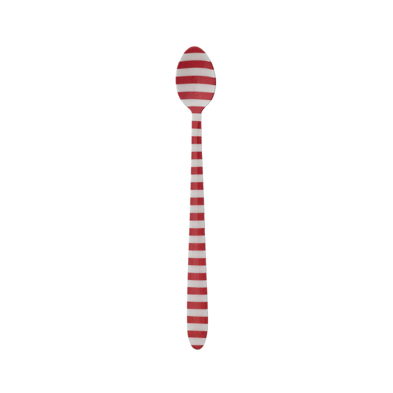 Enameled stainless steel cocktail spoon with red and white horizontal stripes.
