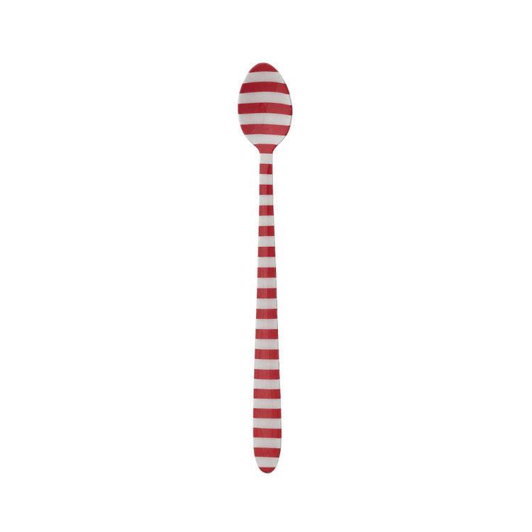Enameled stainless steel cocktail spoon with red and white horizontal stripes.