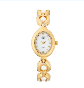 Ladies gold-tone watch with an oval face and a beaded bracelet featuring white pearls.