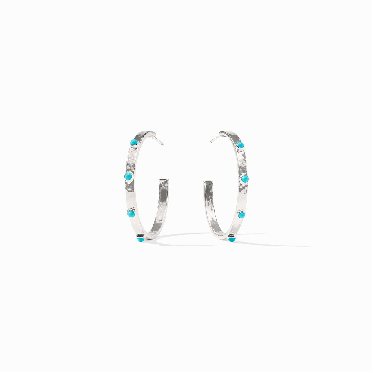 Medium silver hoop earring with hammered texture and reconstituted gemstone accents