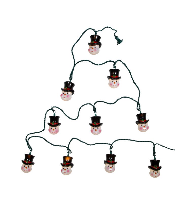 9-foot string of 10 clear incandescent lights featuring snowman heads with black top hats.