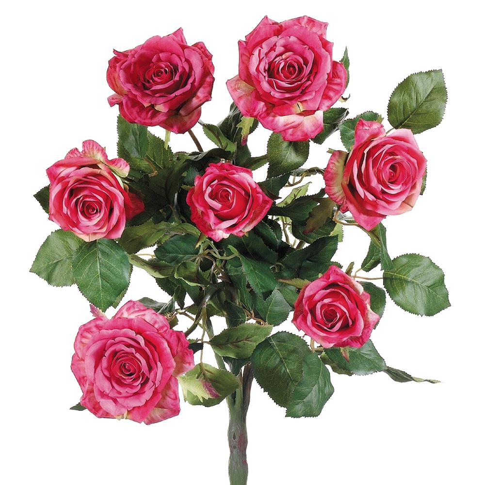 Artificial confetti rose bush with pink blooms on a green wire stem structure