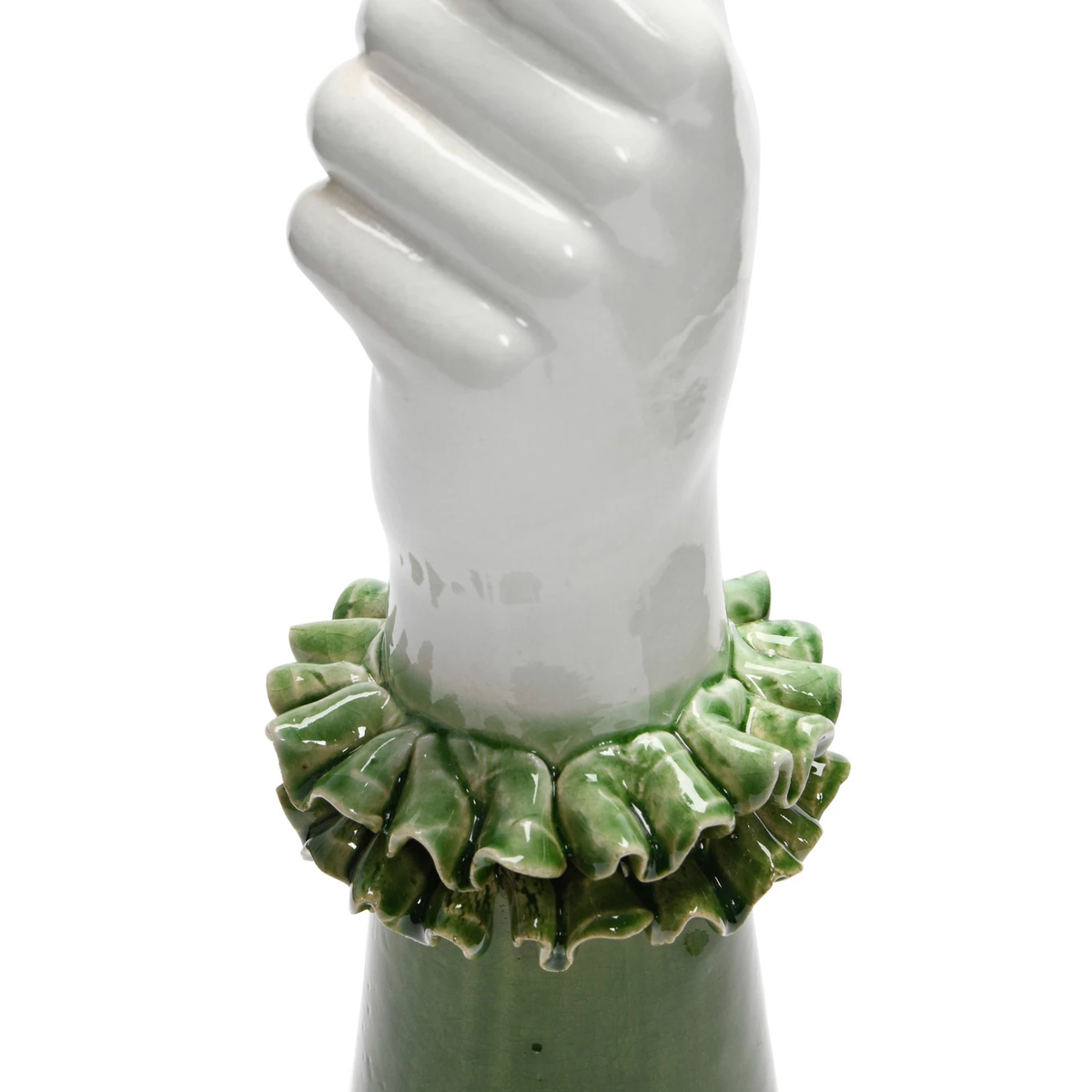 Stoneware hand-shaped vase with ruffled shirt sleeve silhouette in neutral tone