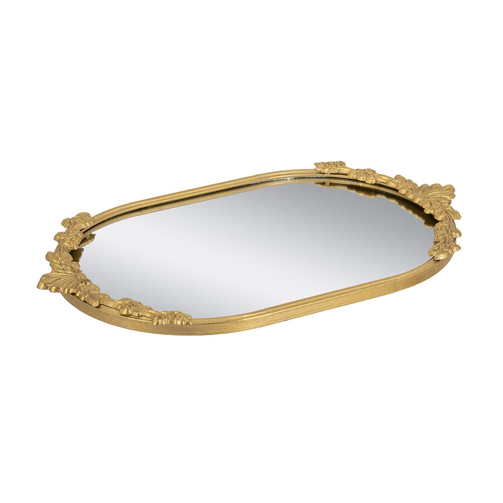 Gold iron frame mirror tray with intricate floral cutout patterns