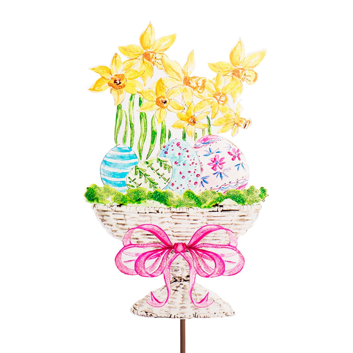 Beck's Daffodils stake in white with a daffodil silhouette and hanging loop.