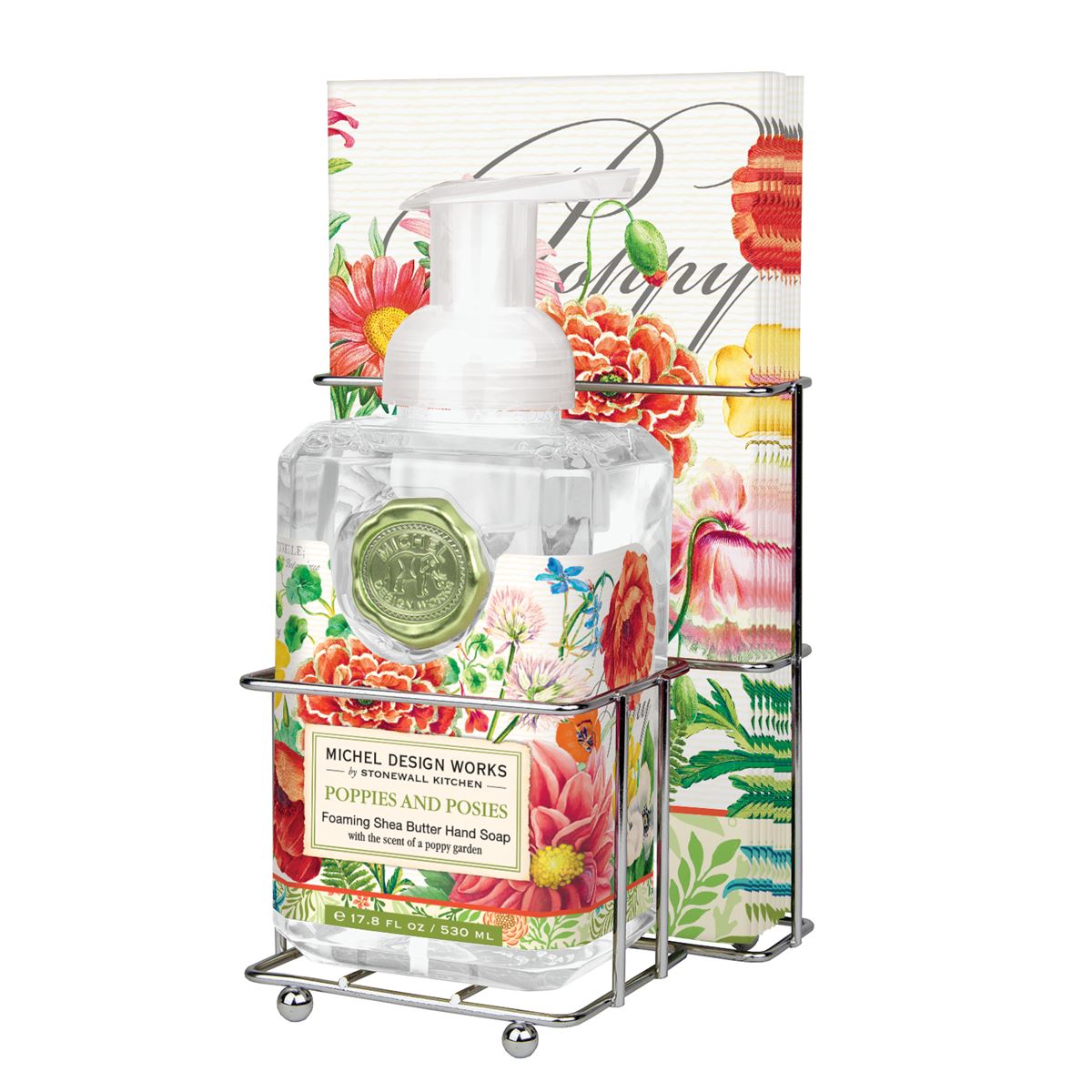Foaming hand soap dispenser with matching napkin holder set in neutral tones.