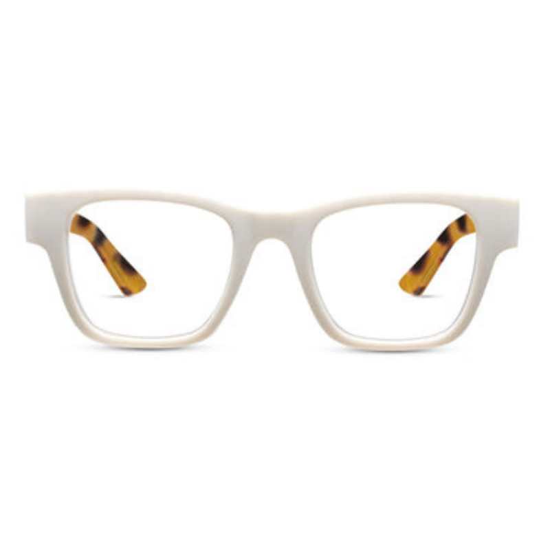 Bernadette square glasses with a matte white frame and tortoiseshell patterned temples.