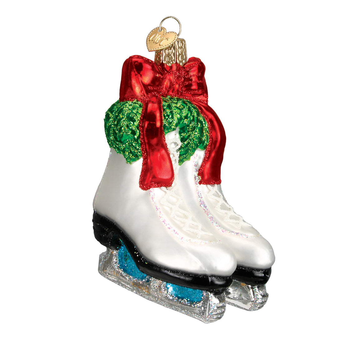 Holiday Skates Ornament featuring white ice skates with a green wreath and a large red bow.