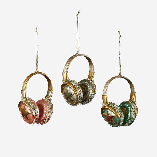 Glass Christmas tree ornament shaped like a pair of headphones in black with silver accents.