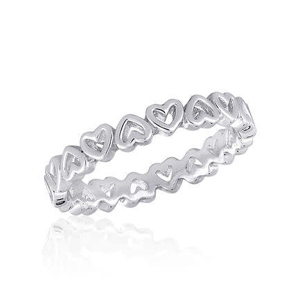 Silver Heart Band Stack Ring with interconnected heart motifs
