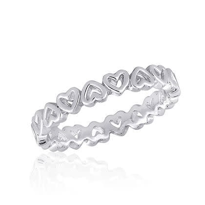 Silver heart band stack ring featuring a row of interconnected heart motifs.