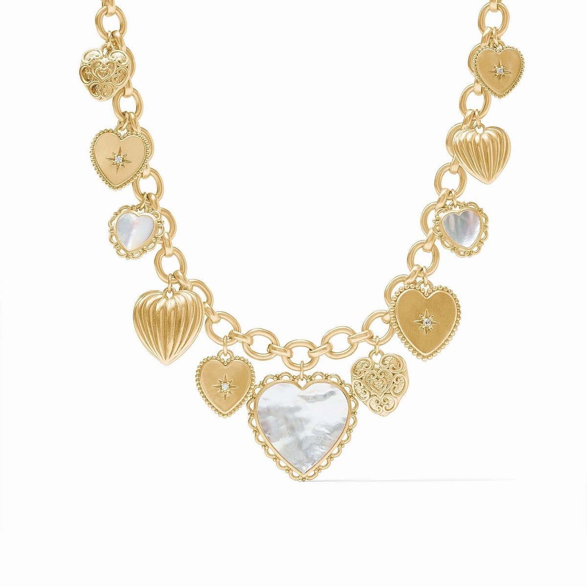 Adjustable gold cable chain necklace with ornate vintage heart charms featuring mother-of-pearl and cubic zirconia gemstones.