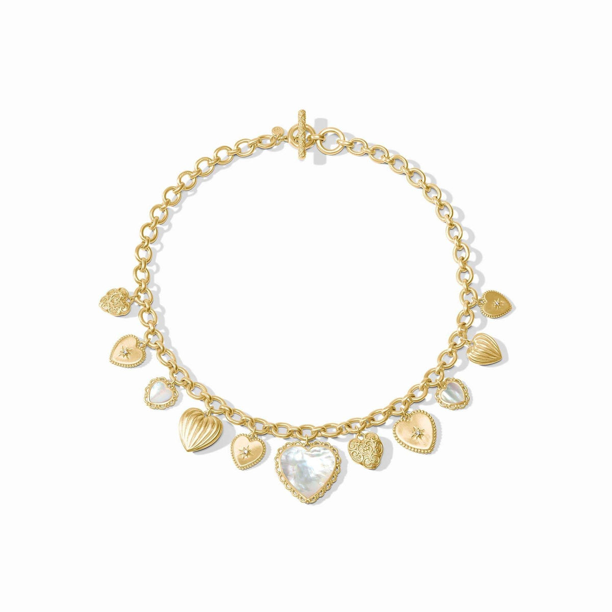 Adjustable gold cable chain necklace with ornate vintage heart charm featuring mother-of-pearl and cubic zirconia gemstones.