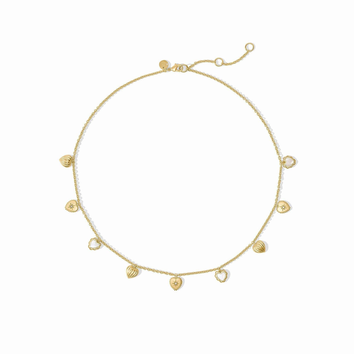 Adjustable gold rolo chain necklace with vintage heart charm featuring mother of pearl and cubic zirconia.