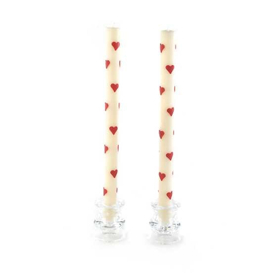 Set of two tall heart-shaped dinner candles made with red hand-applied hearts on a beeswax and paraffin blend.