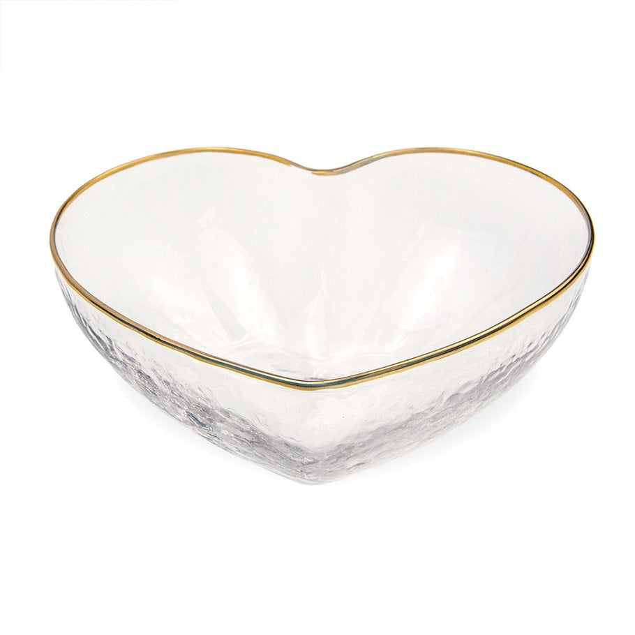 Clear glass heart-shaped bowl with bubbled texture and gold rim trim