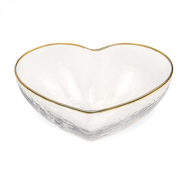 Clear glass heart-shaped bowl with bubbled texture and gold rim trim
