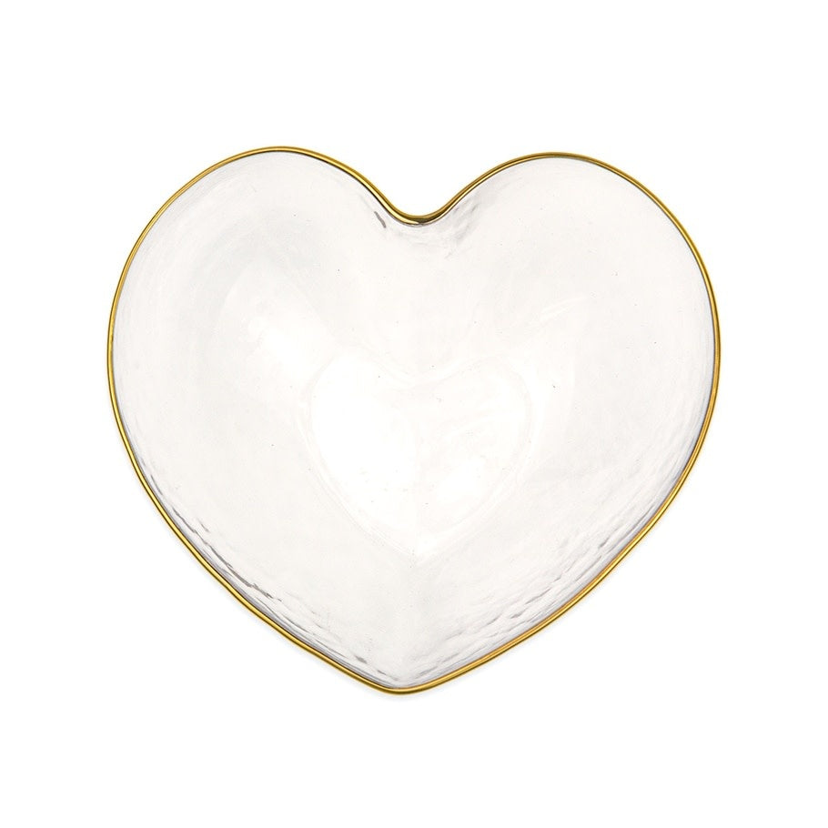 Clear glass heart-shaped bowl with bubbled texture and gold rim trim