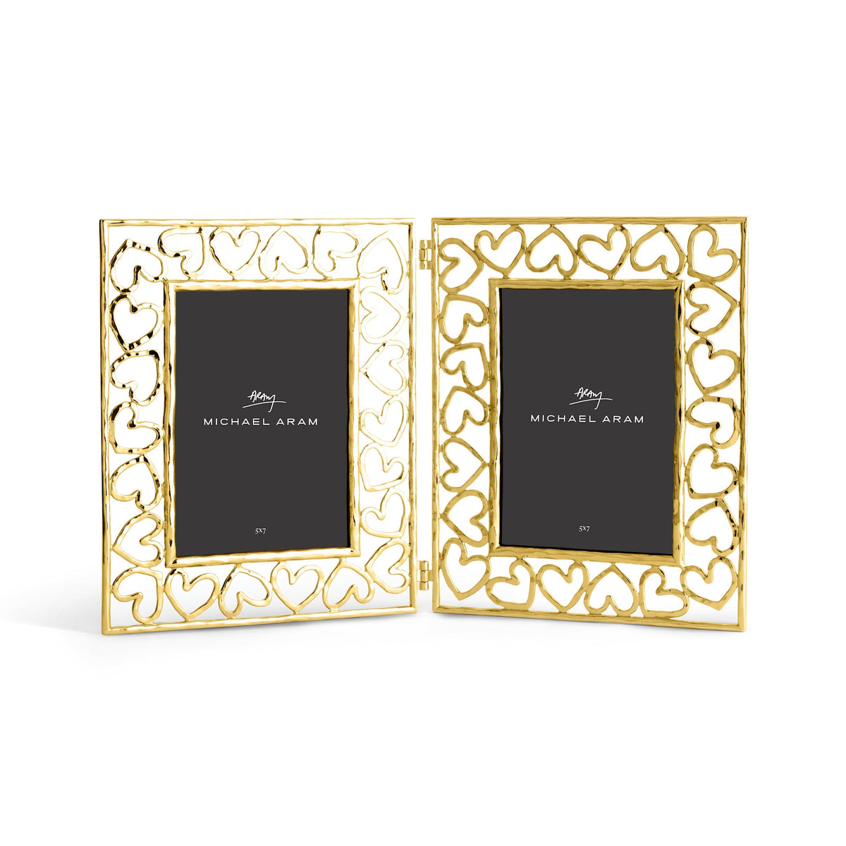 Gold hinged heart-shaped frame holding a photo.