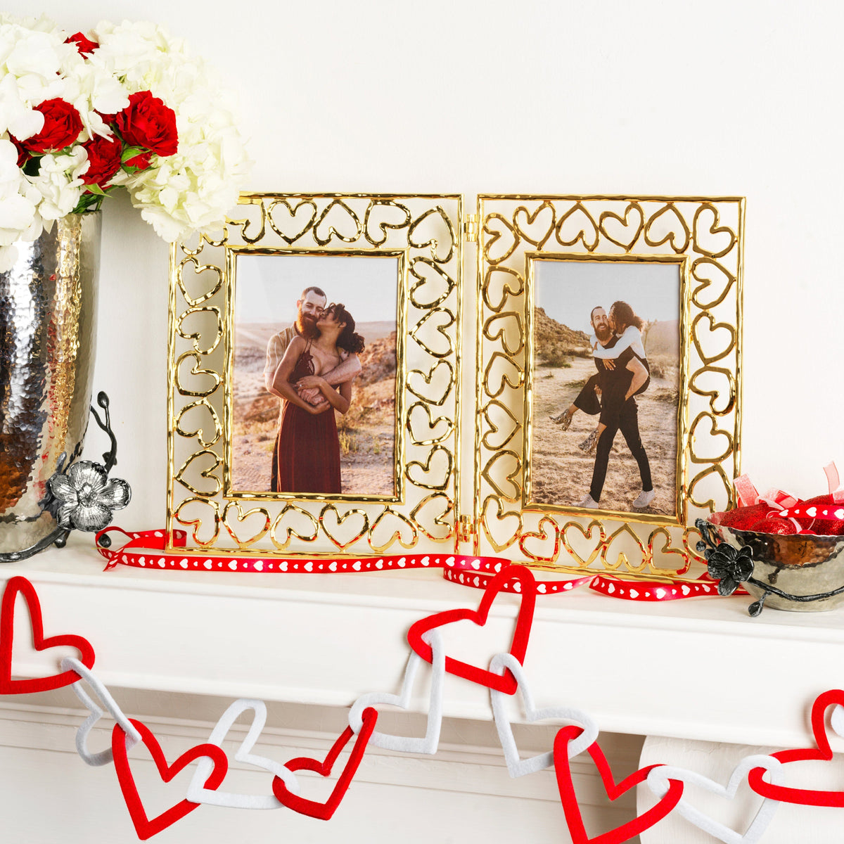 Gold hinged heart-shaped photo frame with open front displaying a blank interior.