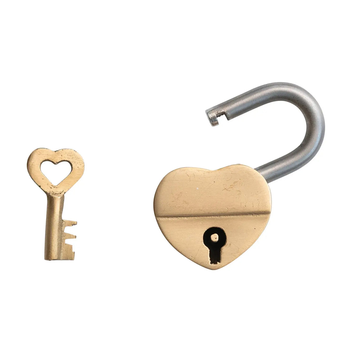 Heart-shaped brass lock with matching heart key featuring intricate detailing