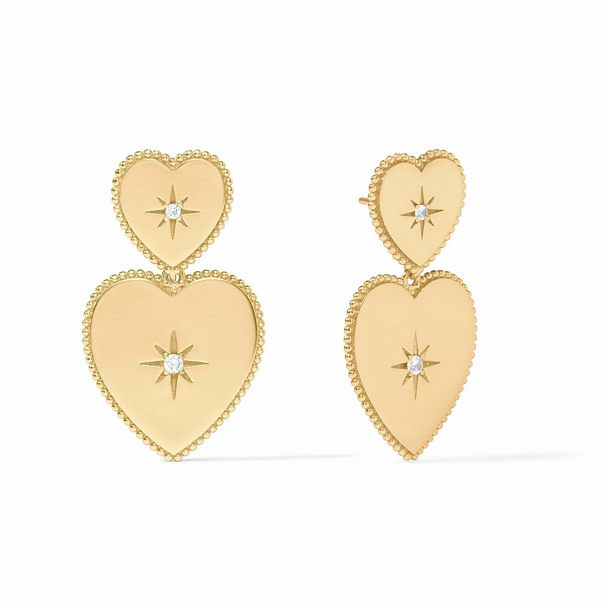 Dangly heart-shaped earring in gold plate with engraved CZ stars and beaded edges.
