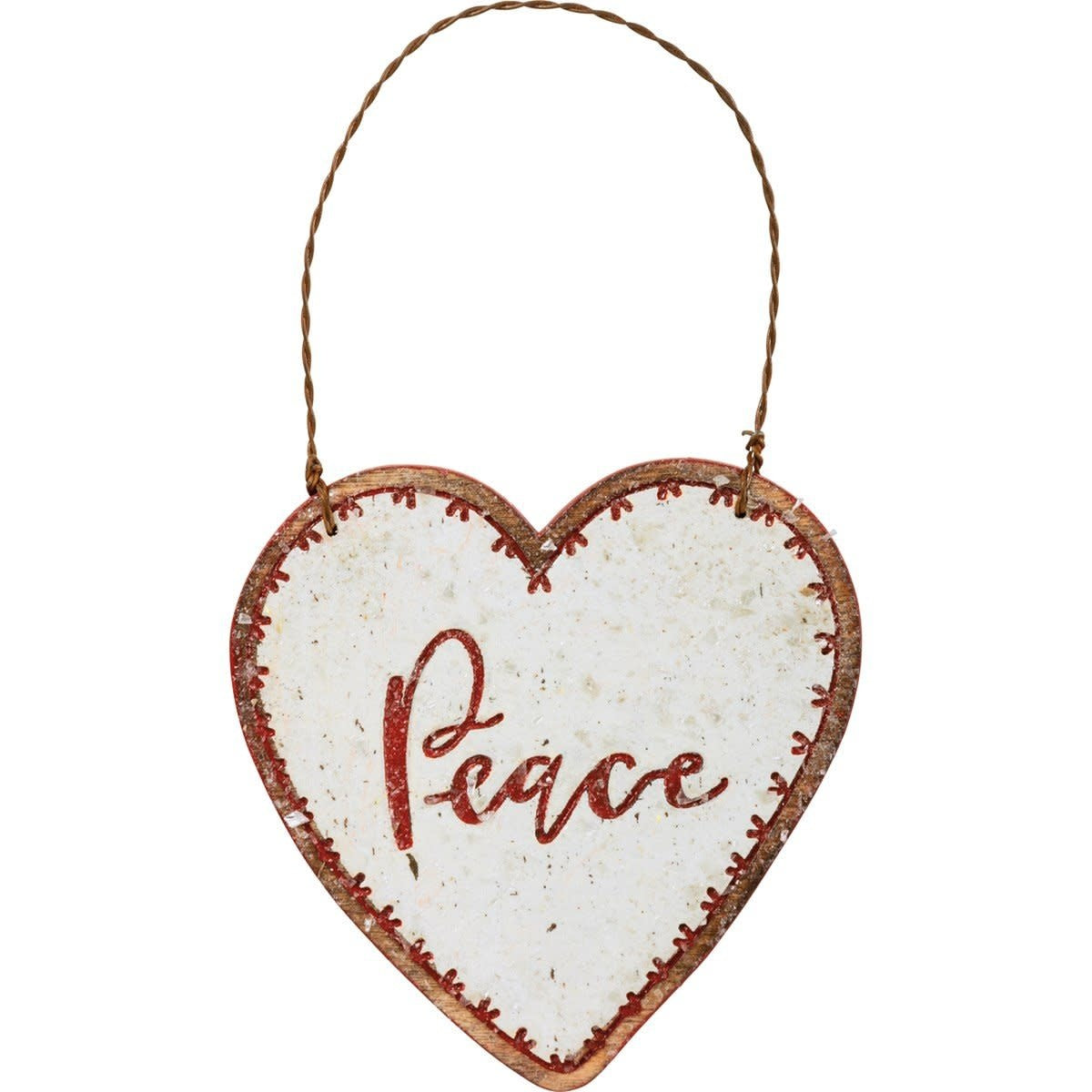 Heart-shaped wooden ornament with white mica coating and twisted wire loop.