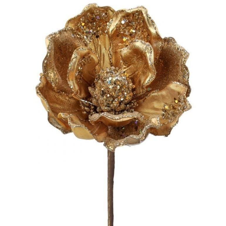 Gold-finished heavy jeweled magnolia stem decoration with floral silhouette