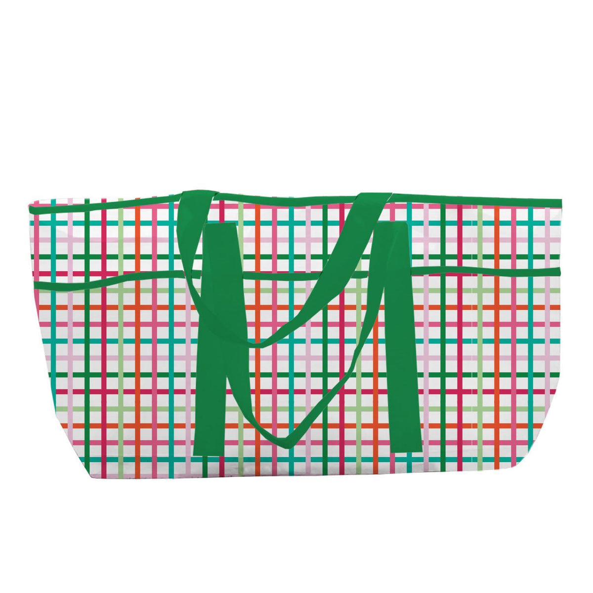 Utility tote bag in festive plaid fabric with a rectangular silhouette.