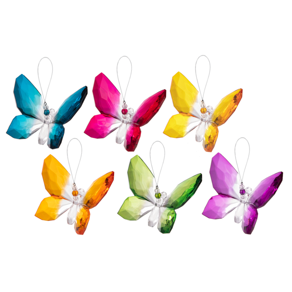 Multi-colored hanging butterfly wall decor with a dimensional silhouette measuring approximately five inches wide.