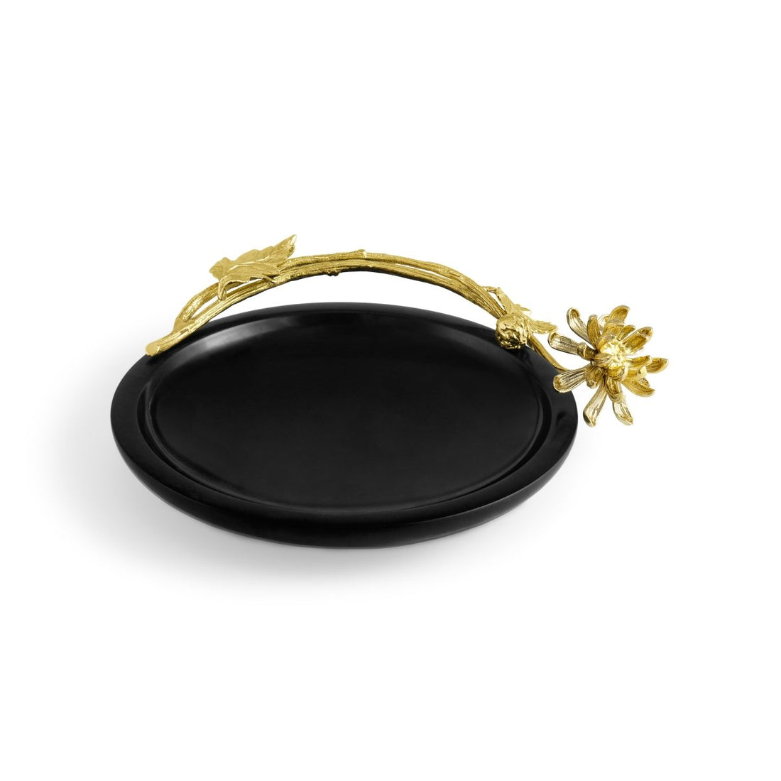 Black oval trinket dish with a gold branch handle adorned with a dahlia flower.