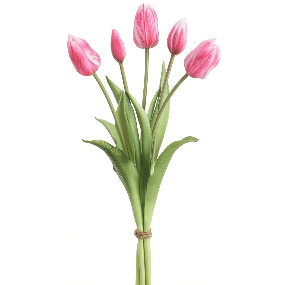 Sixteen-inch artificial Dutch tulip bouquet with realistic petals in a wire structure.