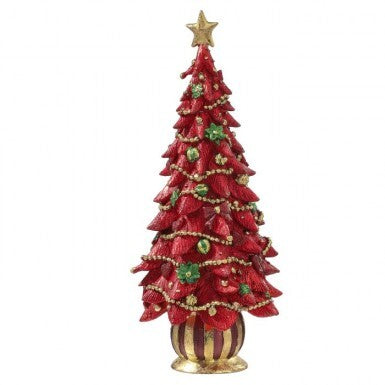 Red resin cone Christmas tree with gold star topper, bead garlands, and green ornaments.