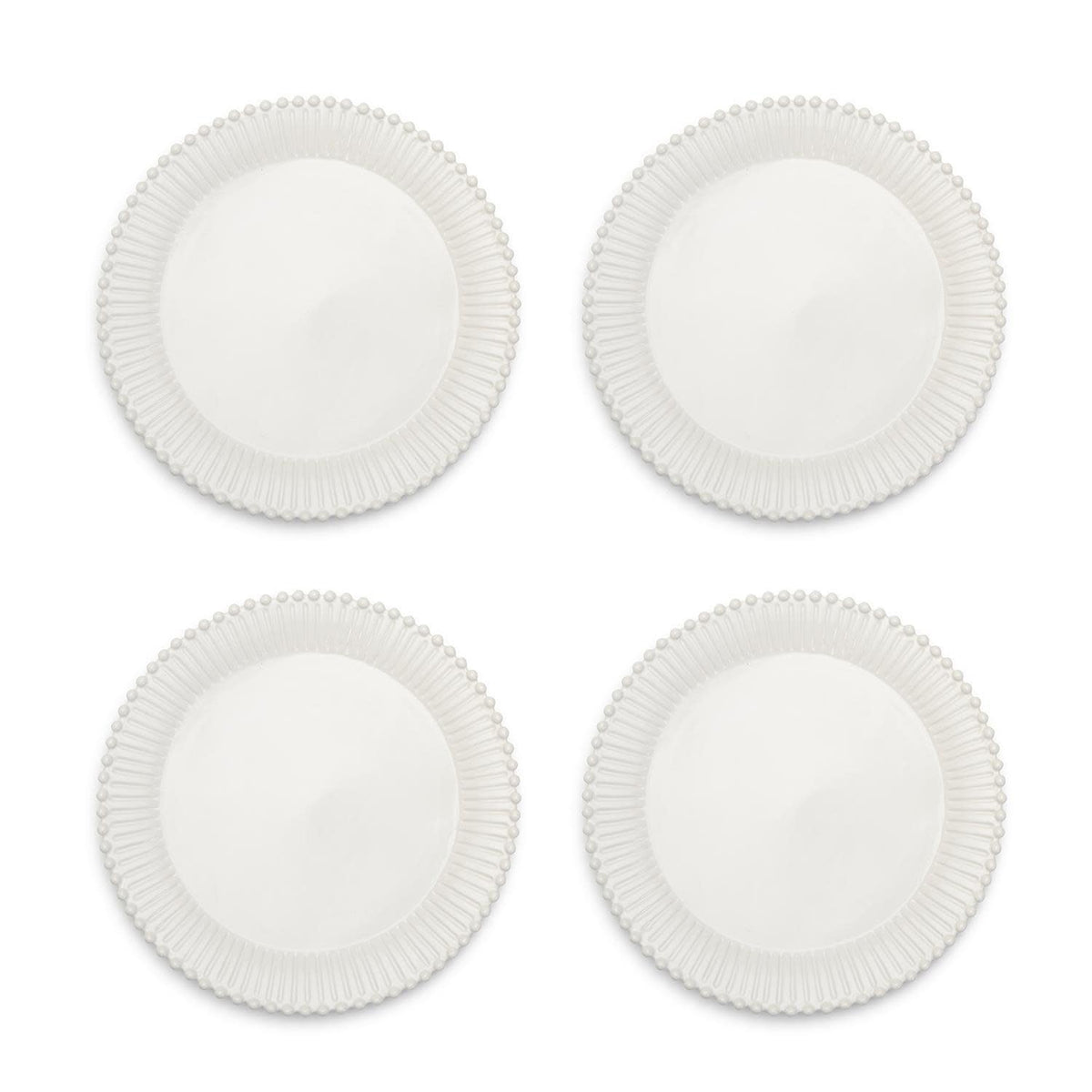 White stoneware dinner plate with embossed pearl edge detail