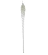 15-inch clear glass icicle ornament with a twisted, slender design and a hanging loop at the top.