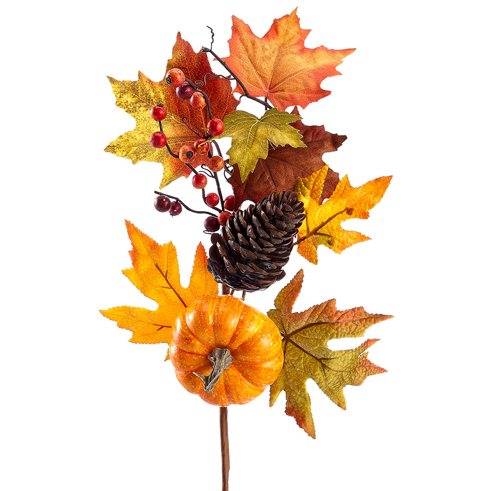 Eighteen-inch artificial spray featuring foam pumpkins in berry tones with plastic pinecones and fabric accents.