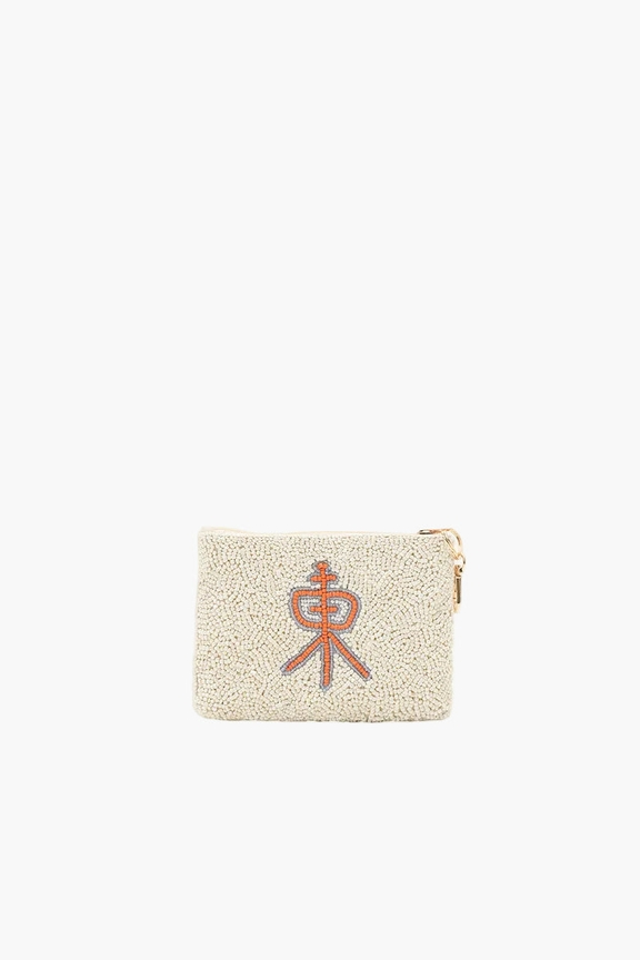 White beaded coin pouch with an orange and grey Mahjong character design and gold-tone hardware.