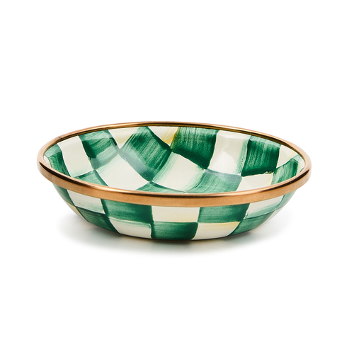 Hand-glazed steel dipping bowl with emerald checkered pattern and bronzed stainless rim.
