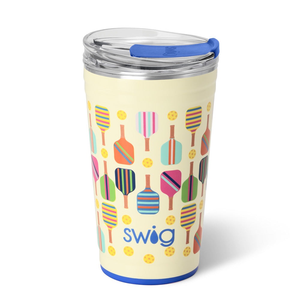 Cream-colored 24oz insulated stainless steel party cup with a colorful pickleball paddle pattern.