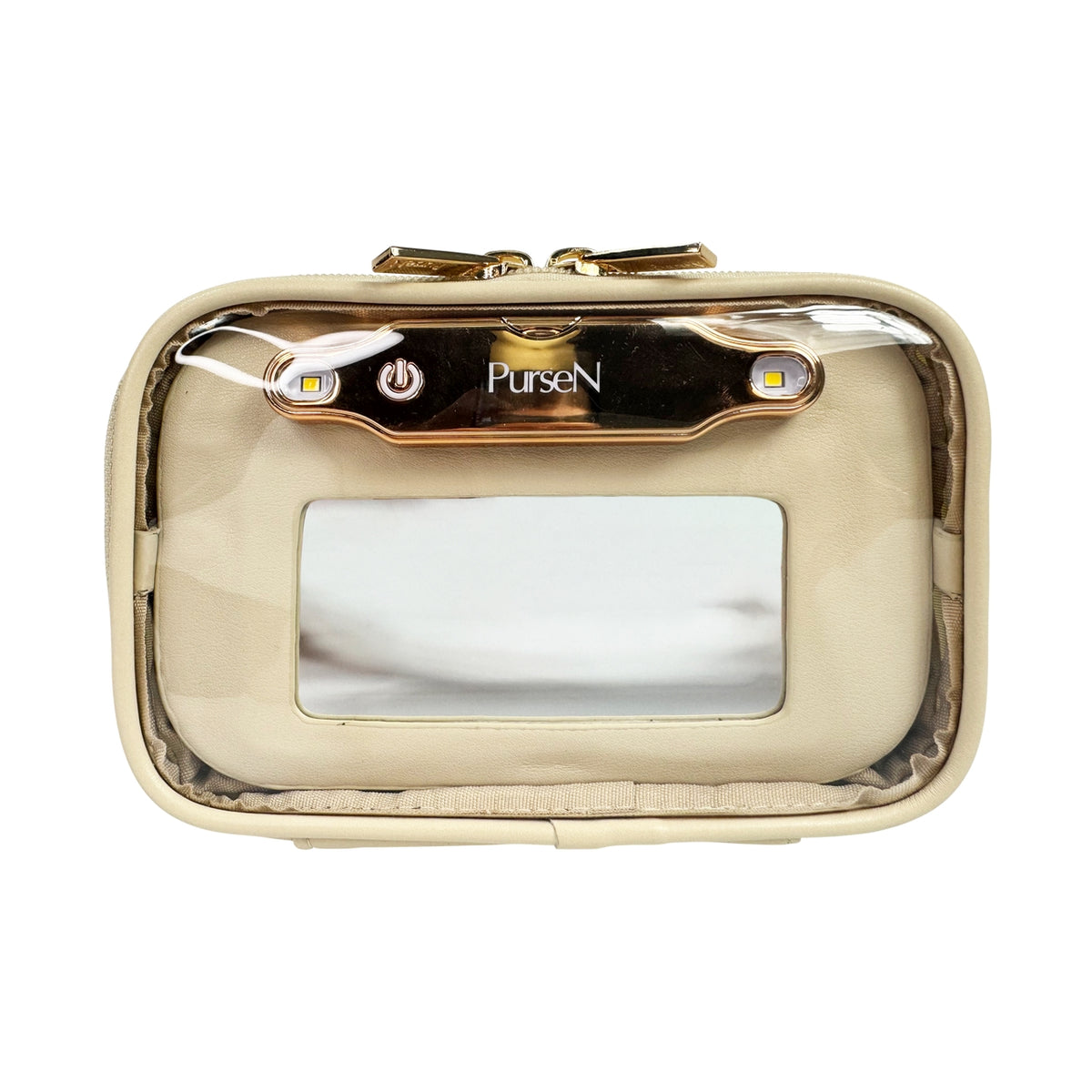 Vegan leather lighted mirror case with clear front pockets and elastic interior compartment.