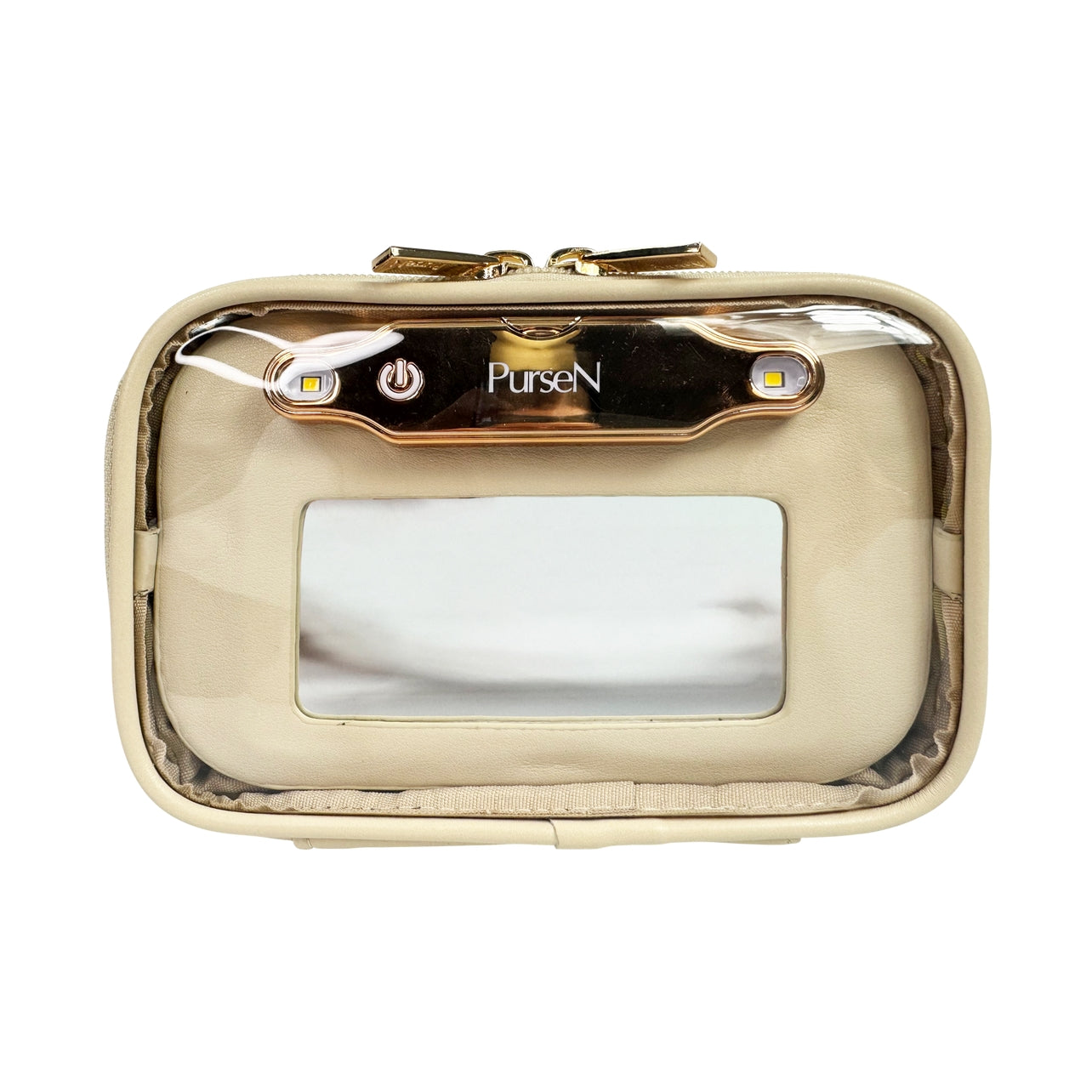 Vegan leather lighted mirror case with clear front pockets and elastic interior compartment.
